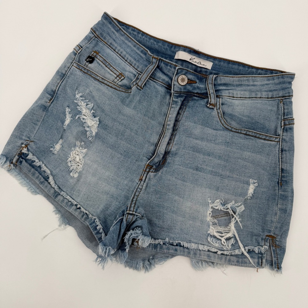KanCan High Rise Distressed Denim Shorts Light Wash Frayed Hem Size 27 Festival